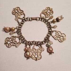 Vintage Gold & Pearl Charm Bracelet